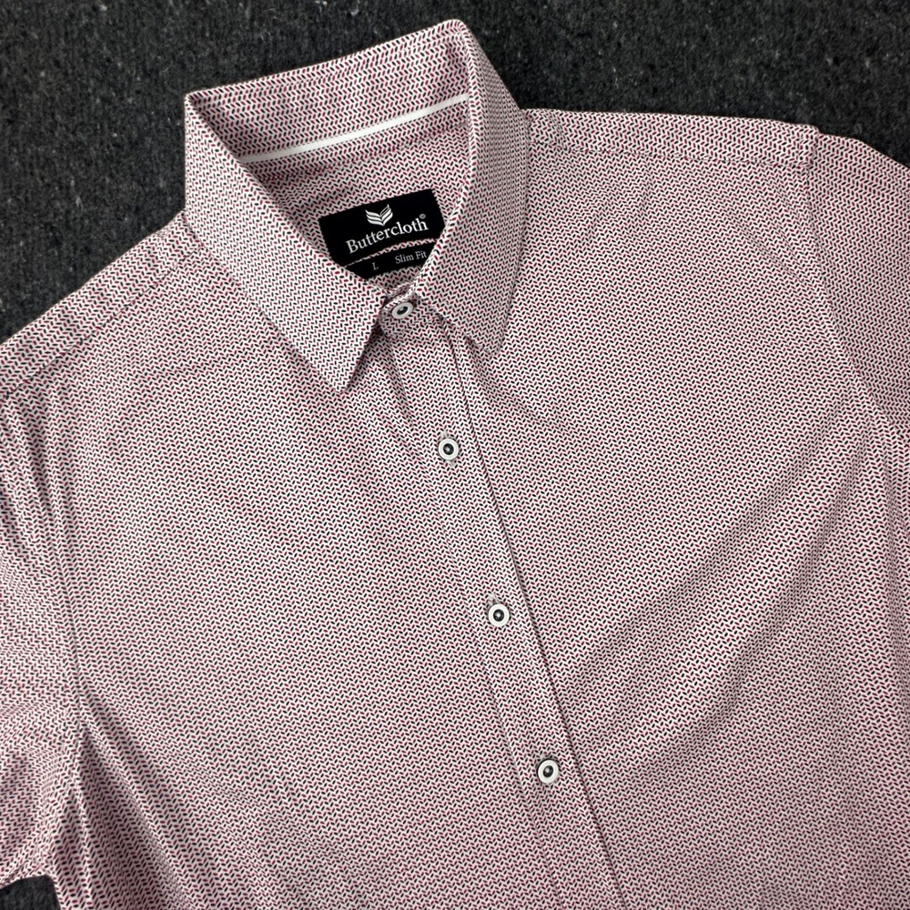 Buttercloth Button Up Men L Red Geometric Slim Fit Short Sleeve Knit Shirt